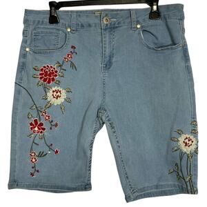 Sandpiper Petite Flowery Embroidered Denim Shorts Blue Women's Size 14P USED